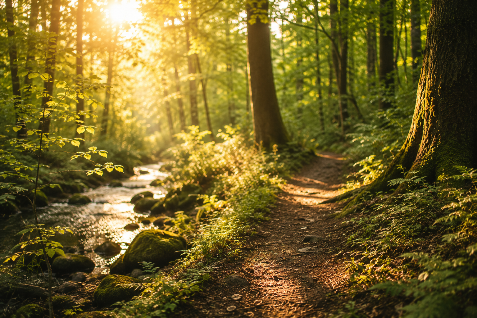 Sonnendurchfluteter Waldweg an einem Bach im Abendlicht