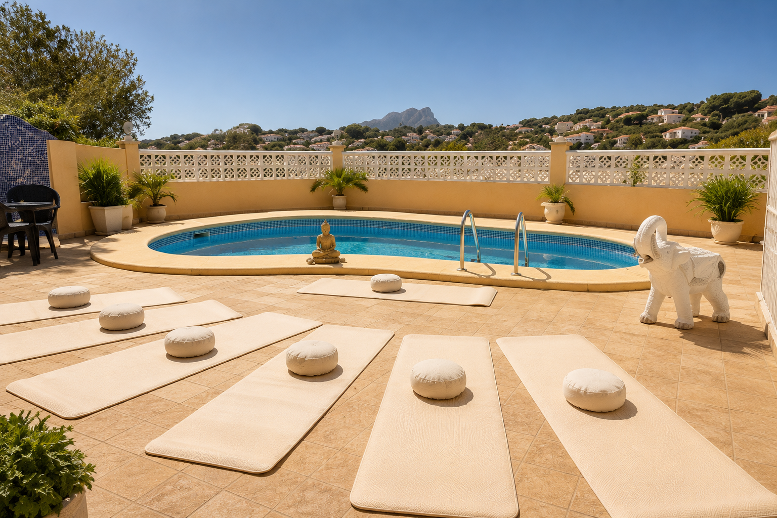 Yogamatten und Meditationskissen an der Poolterrasse der Retreat-Finca in Calpe