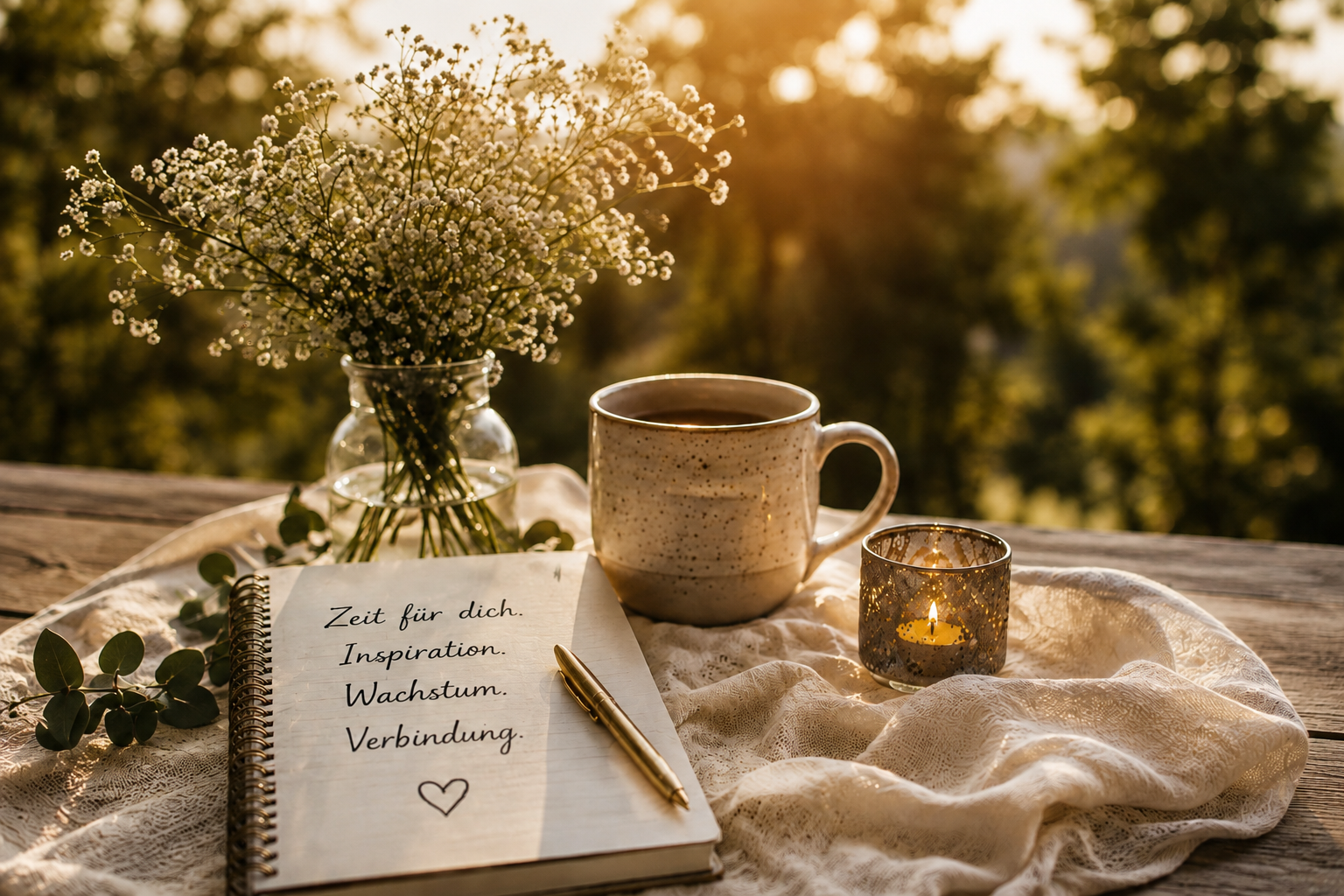Notizbuch mit der Aufschrift „Zeit für dich. Inspiration. Wachstum. Verbindung.", Tasse, Kerze und Blumen im Abendlicht
