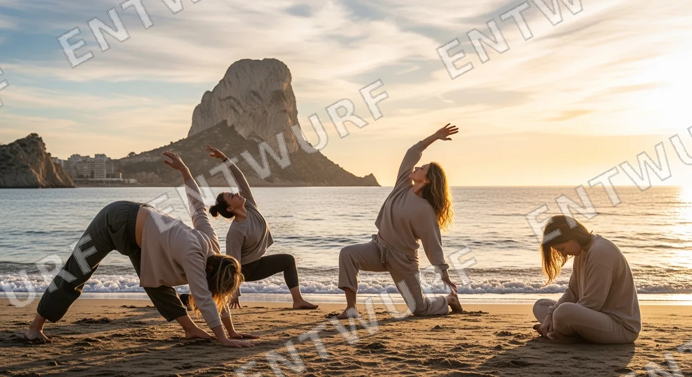 Frauen beim sanften Yoga am Strand bei Sonnenuntergang nahe Calpe